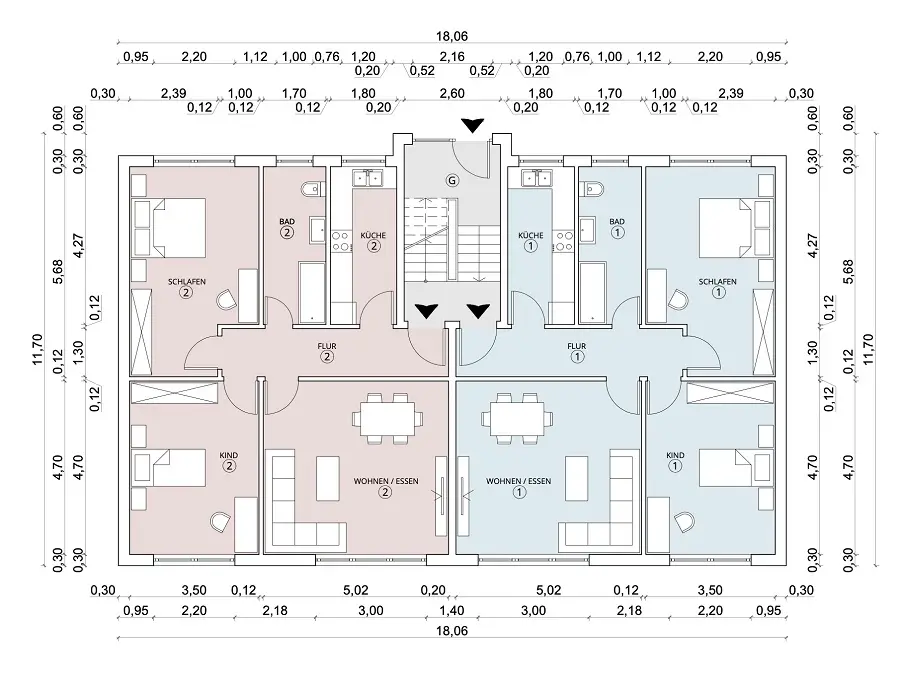 Aufteilungsplan eines Geschosses mit zwei Wohnungen, farbig unterschieden und mit den Nummern 1 und 2 gekennzeichnet, gemeinsames Treppenhaus mit G markiert, mit Maßketten