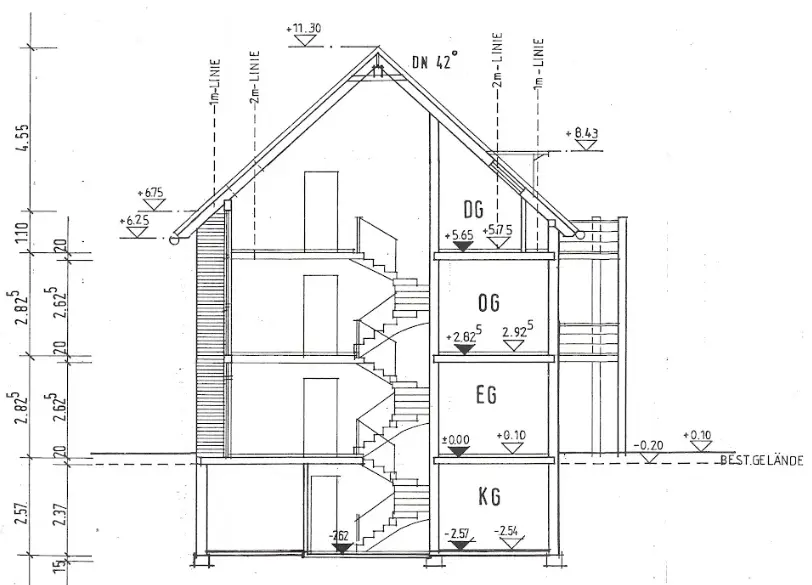 Beispiel einer Schnittzeichnung durch ein Mehrfamilienhaus mit Keller, Erdgeschoss, Obergeschoss und Dachgeschoss, Treppenhaus, Höhenkoten und Dachneigung 42 Grad