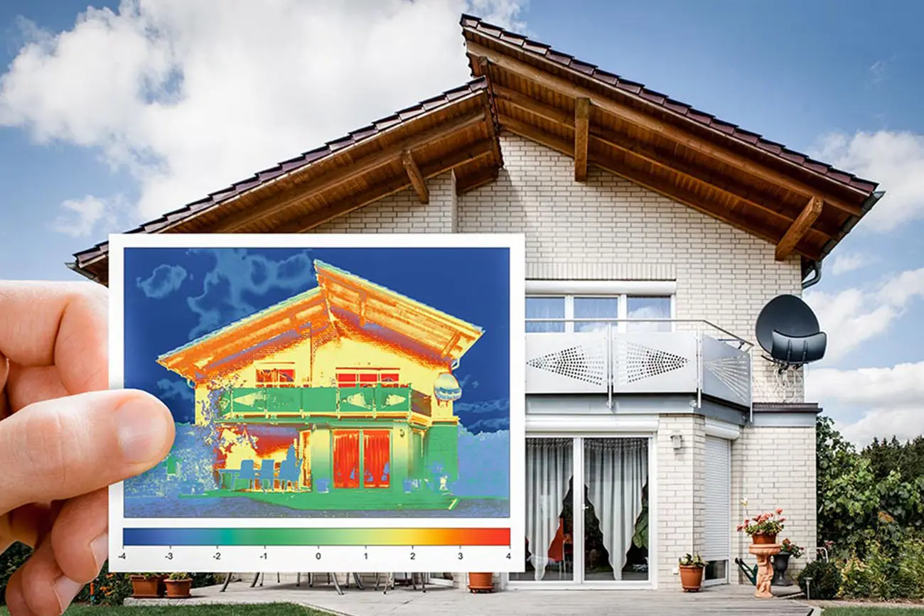 Hand hält ein Wärmebild vor ein Einfamilienhaus: auf der Thermografie sind die Wärmeverluste an Dach, Fenstern und Fassade farbig zu sehen