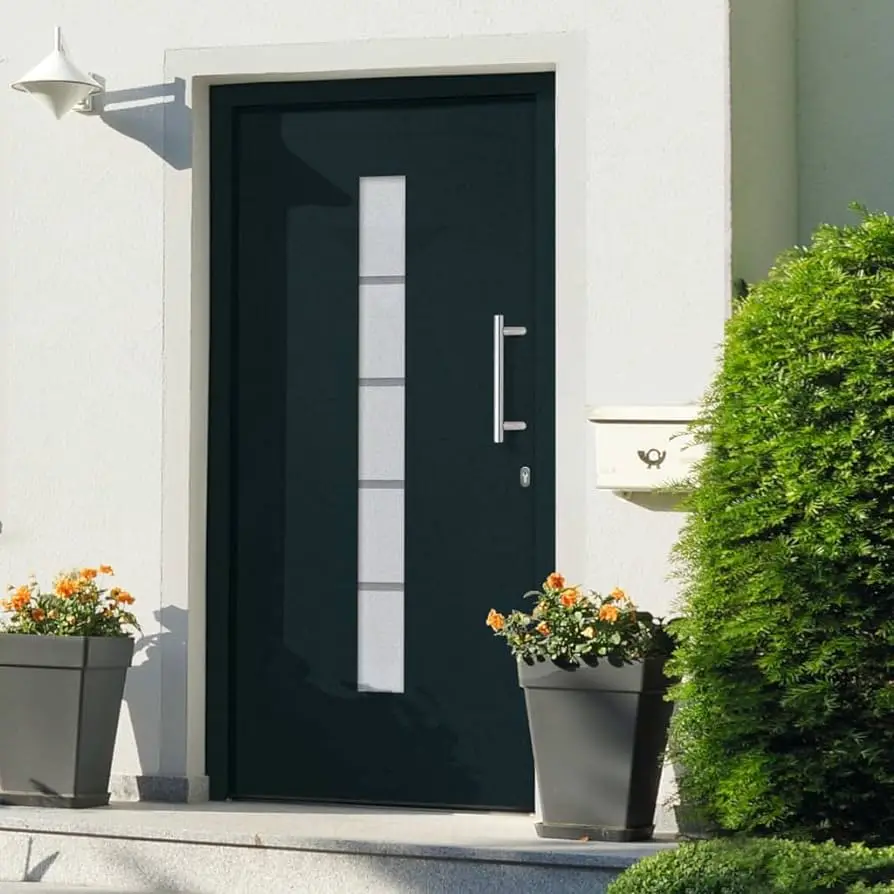Moderne dunkle Haustür mit schmalem Glaseinsatz