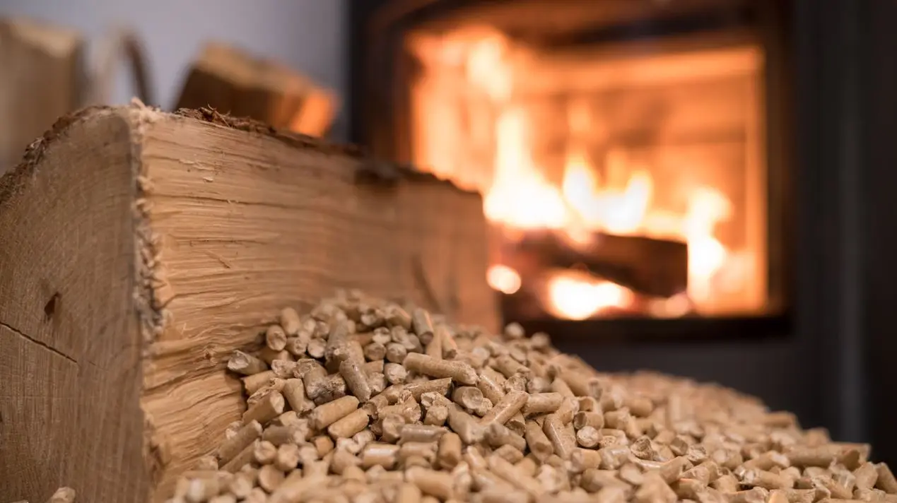 Holzpellets vor einem brennenden Ofen