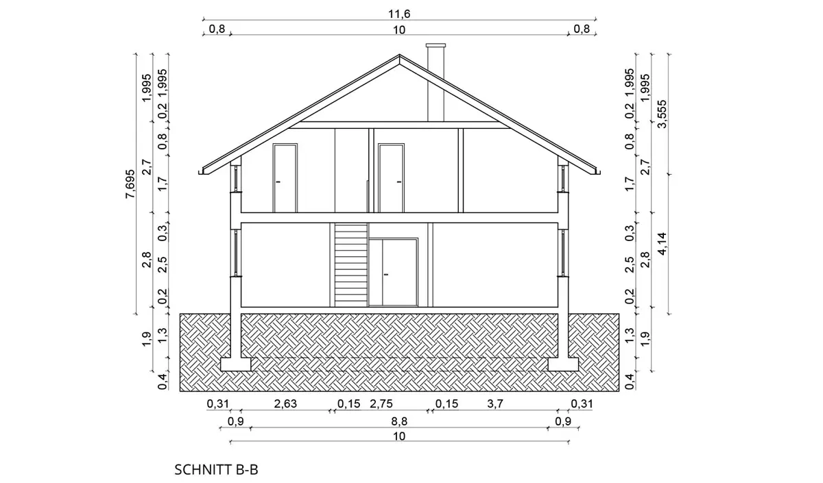 Beispiel einer Schnittzeichnung durch ein Wohnhaus mit Höhenangaben
