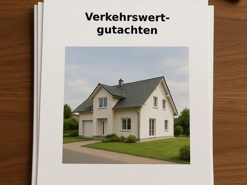 Ausgedrucktes Verkehrswertgutachten mit Foto eines Einfamilienhauses auf dem Deckblatt, daneben ein Kugelschreiber auf einem Holztisch