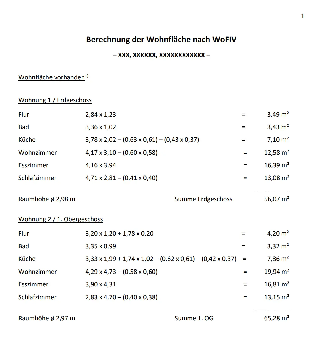 Beispielseite einer Wohnflächenberechnung mit Raummaßen und Flächen je Geschoss